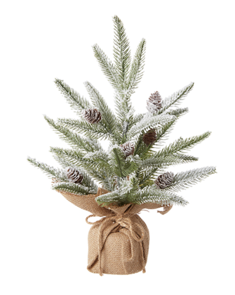 Snowy Tree with Pinecones in Burlap Bag