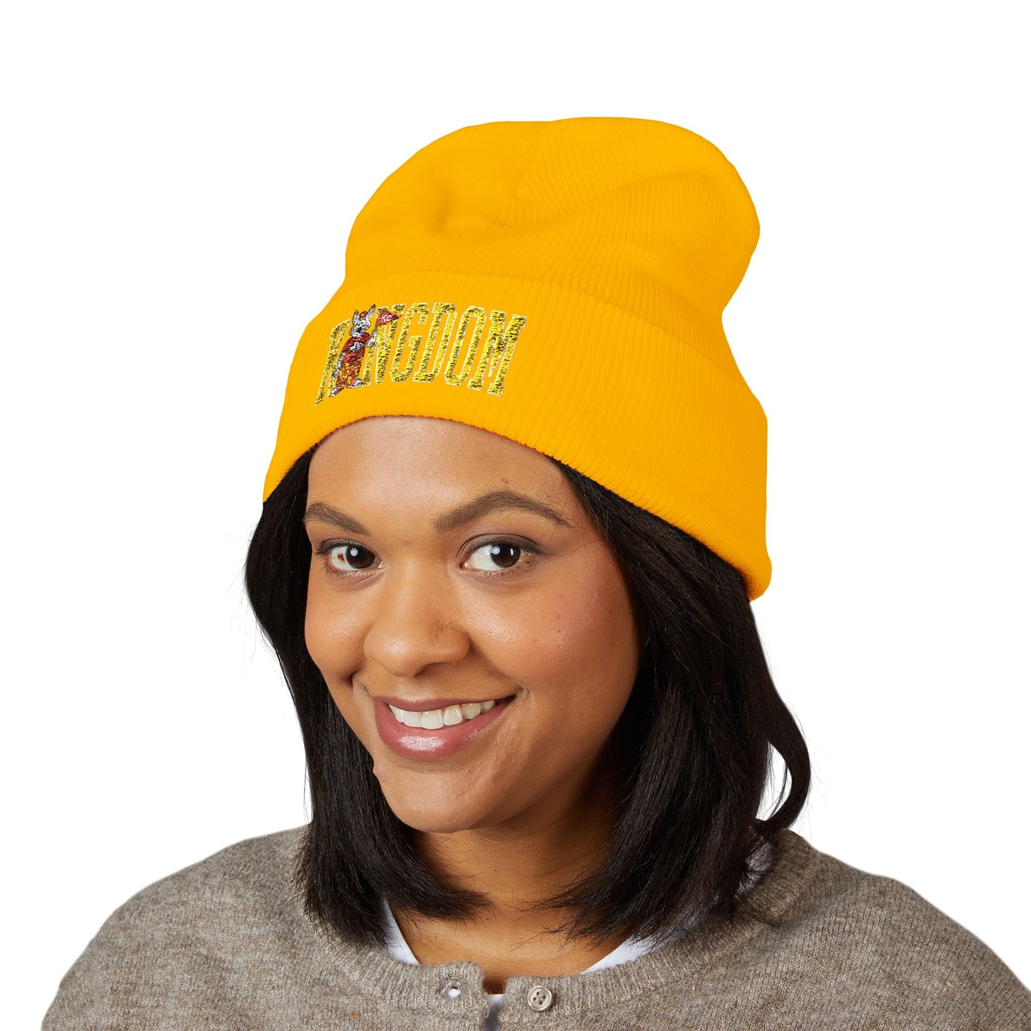 Kingdom Embroidered Beanie — Cuffed Knit Hat with Bear Design