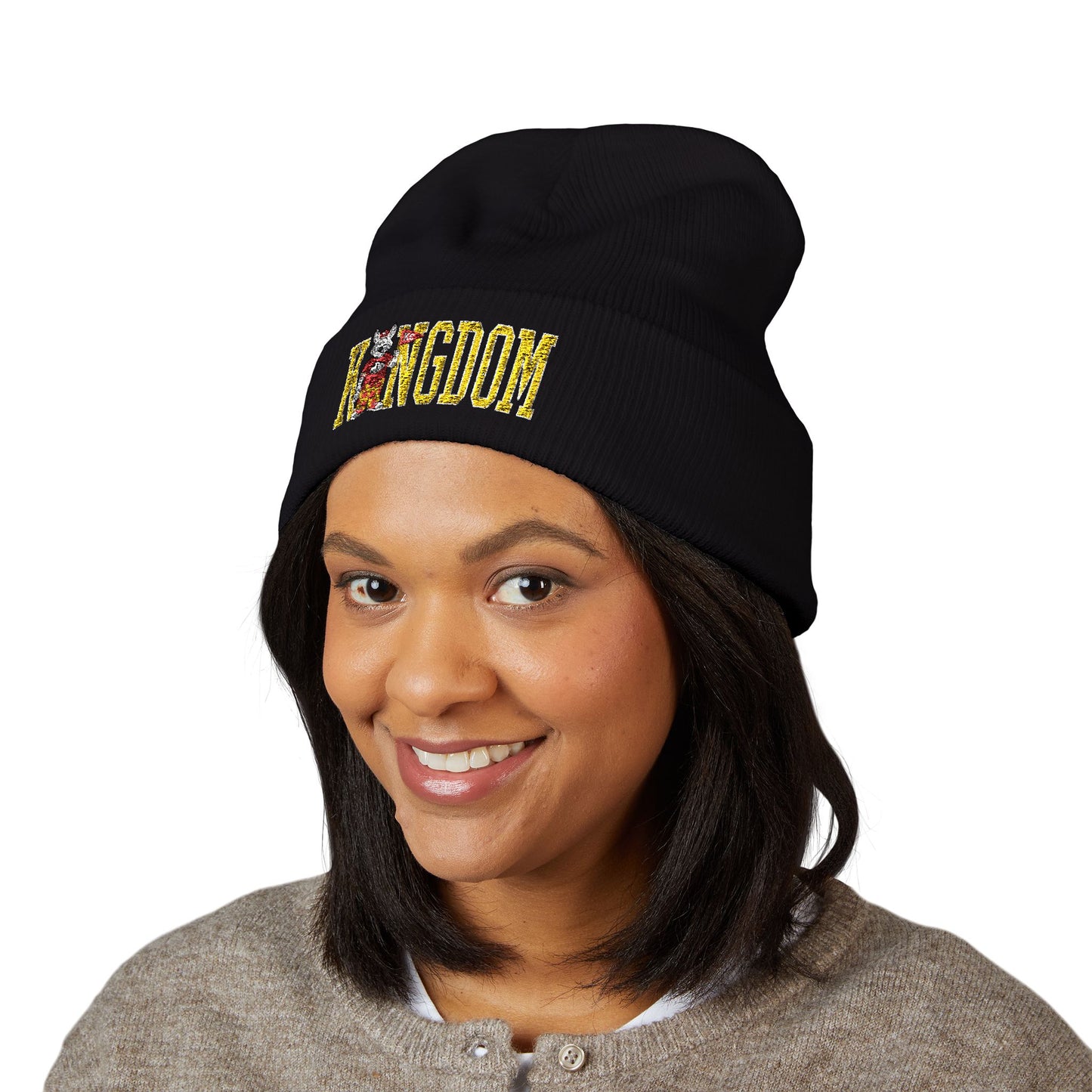 Kingdom Embroidered Beanie — Cuffed Knit Hat with Bear Design