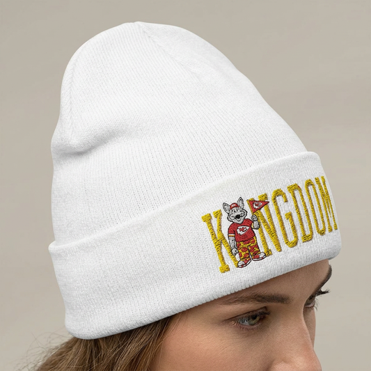 Kingdom Embroidered Beanie — Cuffed Knit Hat with Bear Design