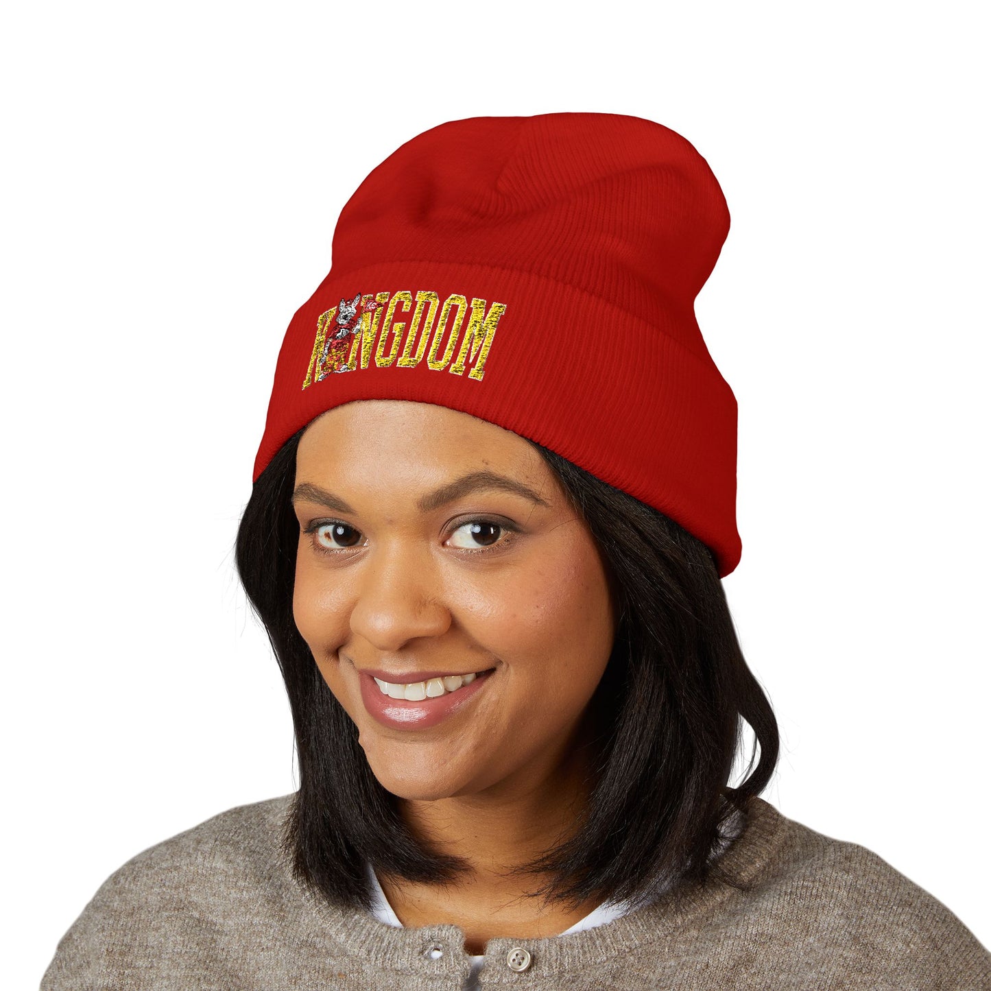 Kingdom Embroidered Beanie — Cuffed Knit Hat with Bear Design