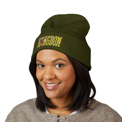 Kingdom Embroidered Beanie — Cuffed Knit Hat with Bear Design