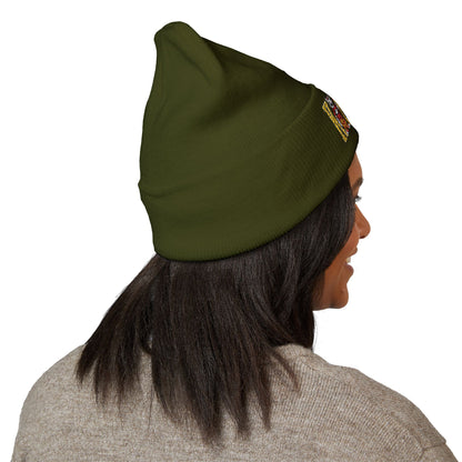 Kingdom Embroidered Beanie — Cuffed Knit Hat with Bear Design