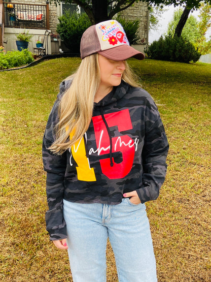 Mahomes 15 Camo Crop Hoodie