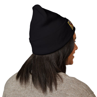 Kingdom Embroidered Beanie — Cuffed Knit Hat with Bear Design
