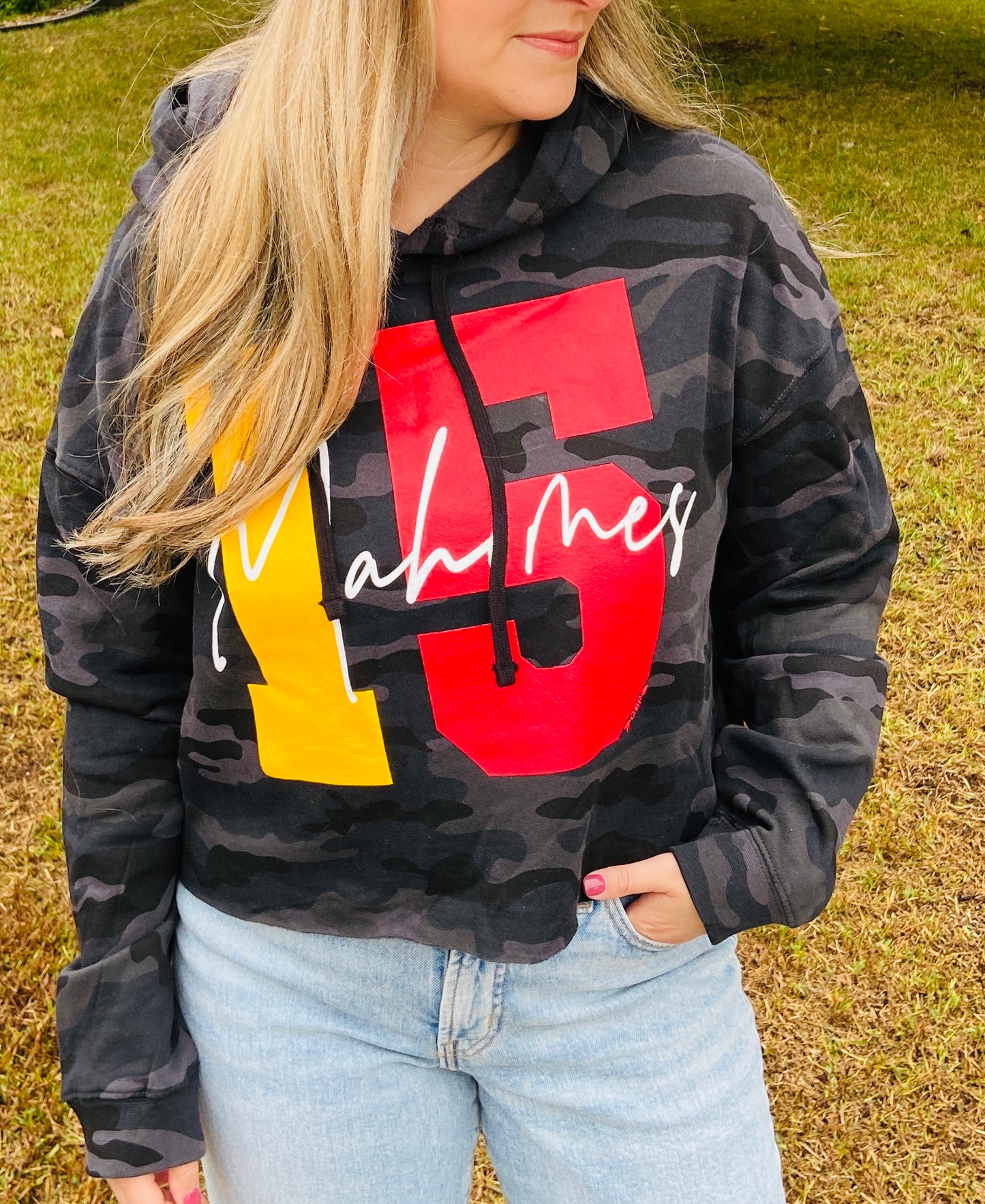 Mahomes 15 Camo Crop Hoodie