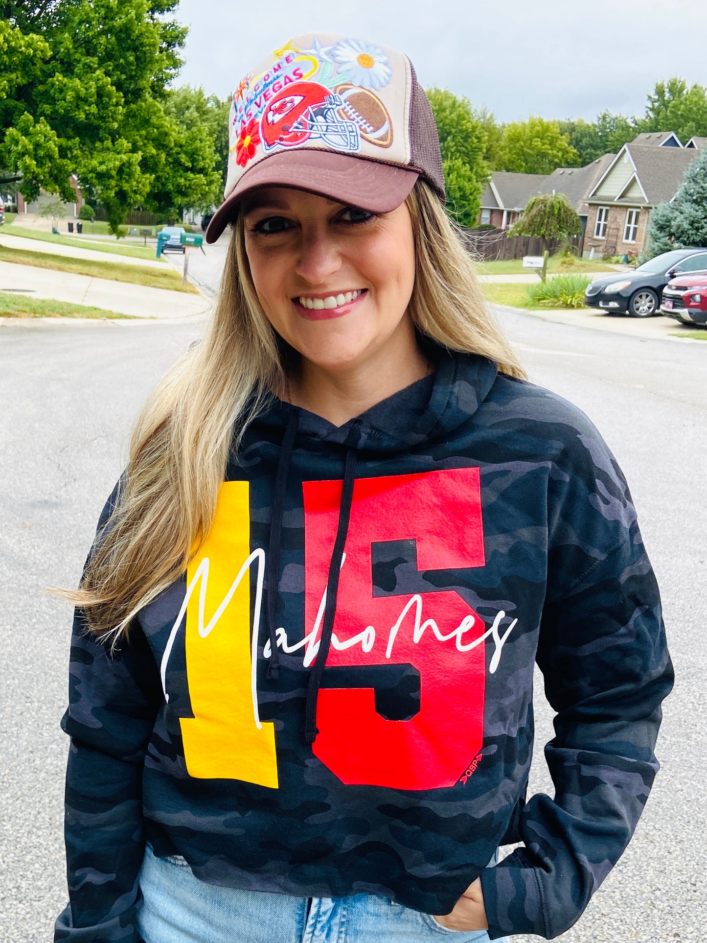 Mahomes 15 Camo Crop Hoodie