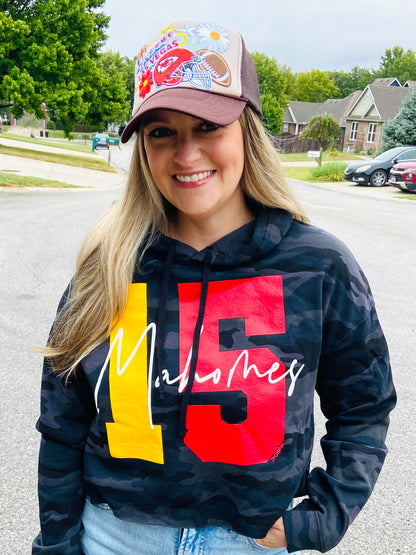 Mahomes 15 Camo Crop Hoodie