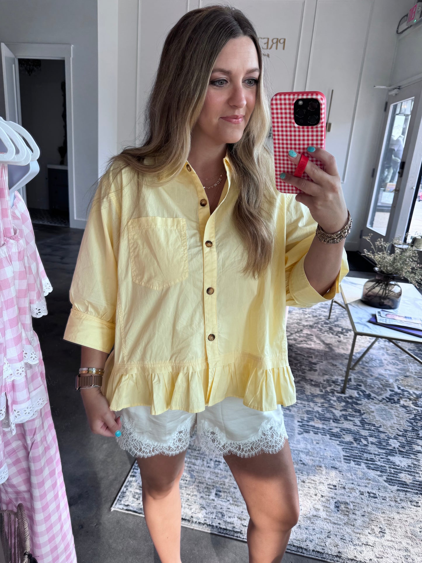 Lemon Drop Ruffle Hem Button Front Poplin Top