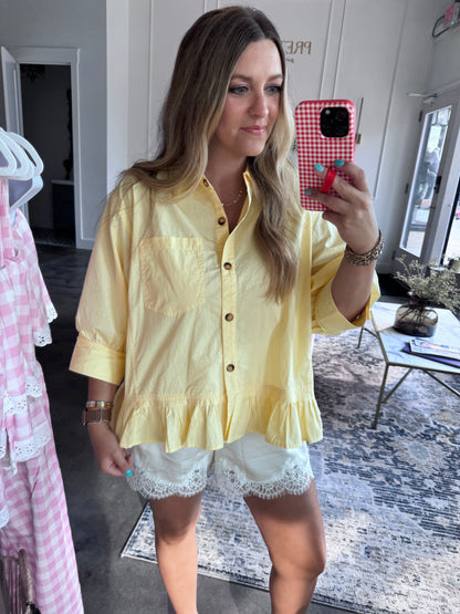 Lemon Drop Ruffle Hem Button Front Poplin Top