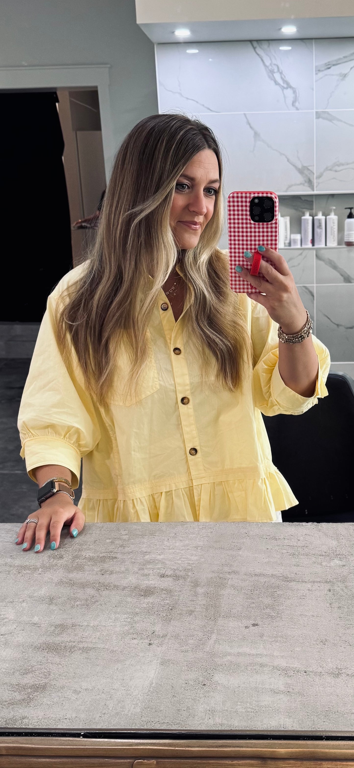 Lemon Drop Ruffle Hem Button Front Poplin Top