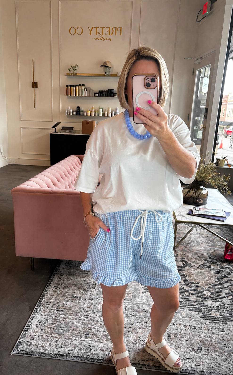 Coastal Picnic Checkered Woven Ruffle Hem Shorts