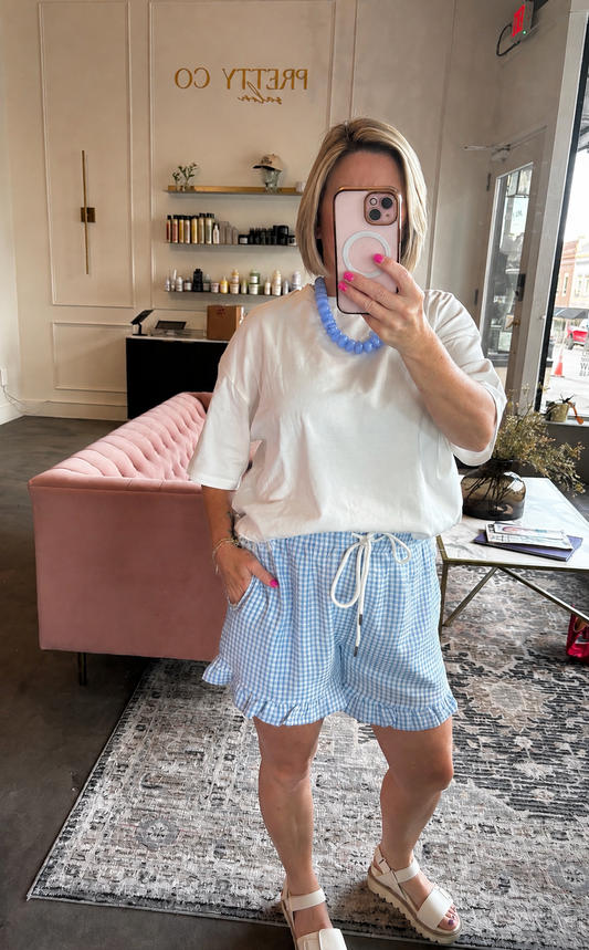 Coastal Picnic Checkered Woven Ruffle Hem Shorts