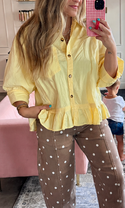 Lemon Drop Ruffle Hem Button Front Poplin Top