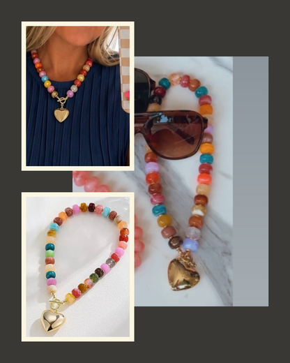 Multi Beaded Heart Charm Toggle Necklace