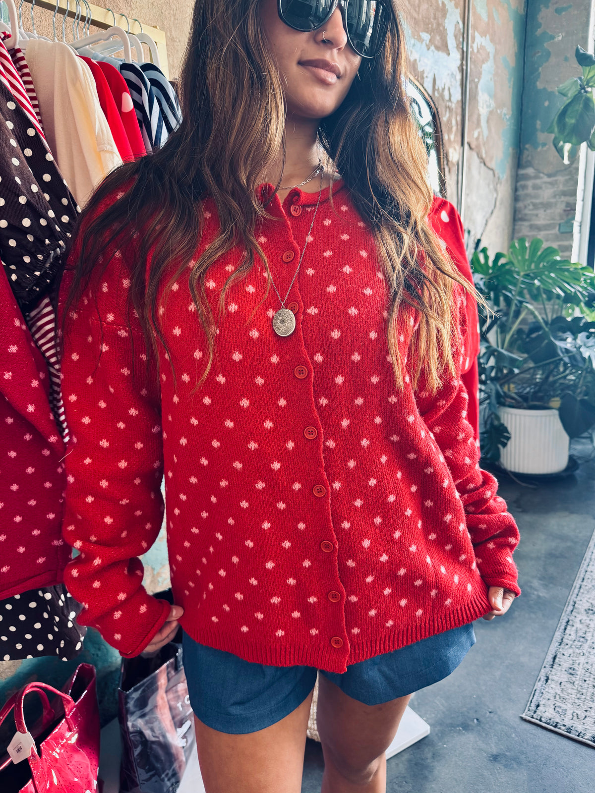 Sweet Dot Red Knit Cardigan