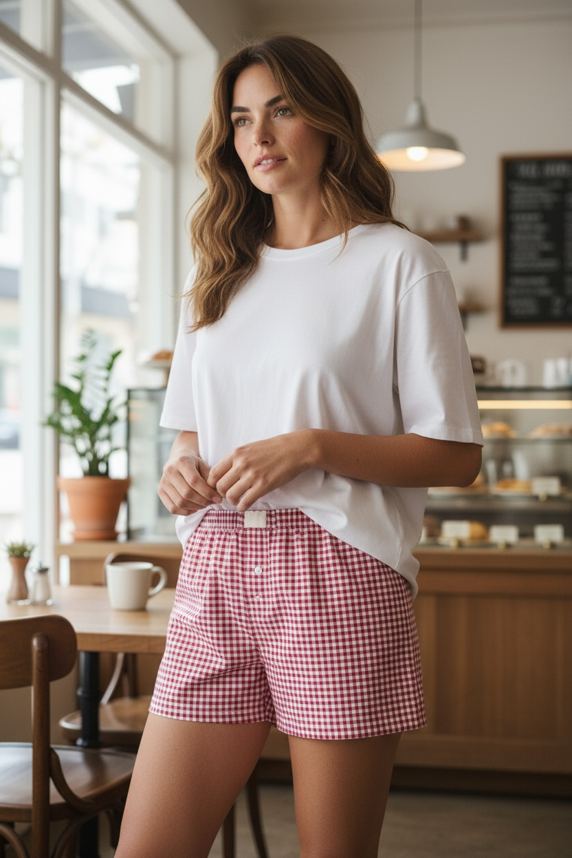 Gingham High Waist Pink Boxer Shorts