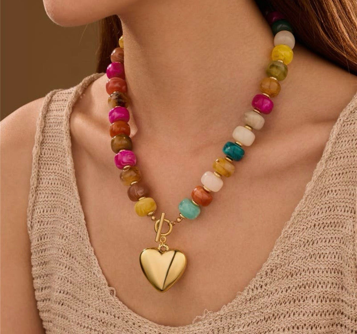 Multi Beaded Heart Charm Toggle Necklace