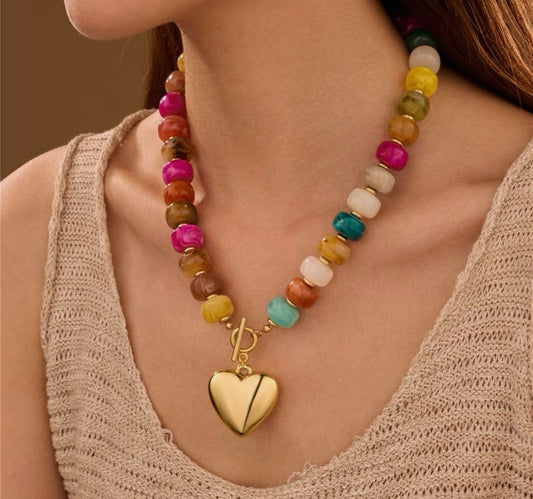 Multi Beaded Heart Charm Toggle Necklace
