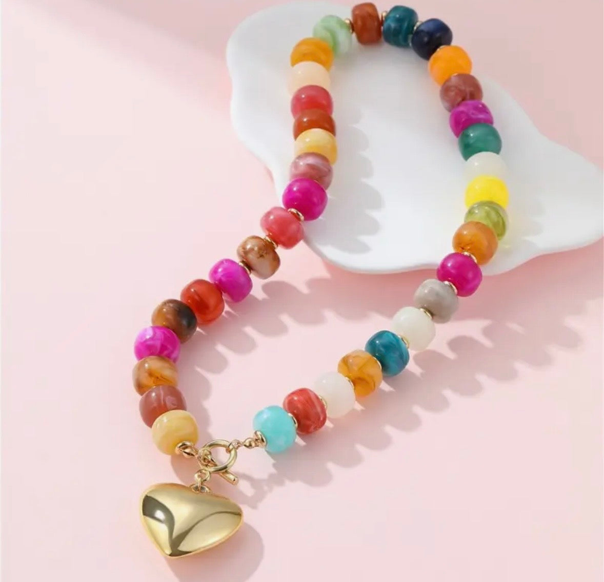 Multi Beaded Heart Charm Toggle Necklace