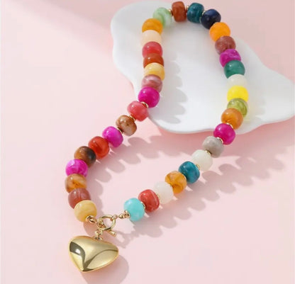 Multi Beaded Heart Charm Toggle Necklace