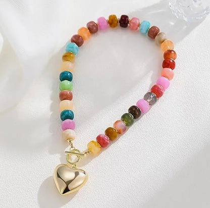 Multi Beaded Heart Charm Toggle Necklace