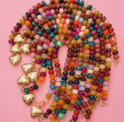 Multi Beaded Heart Charm Toggle Necklace