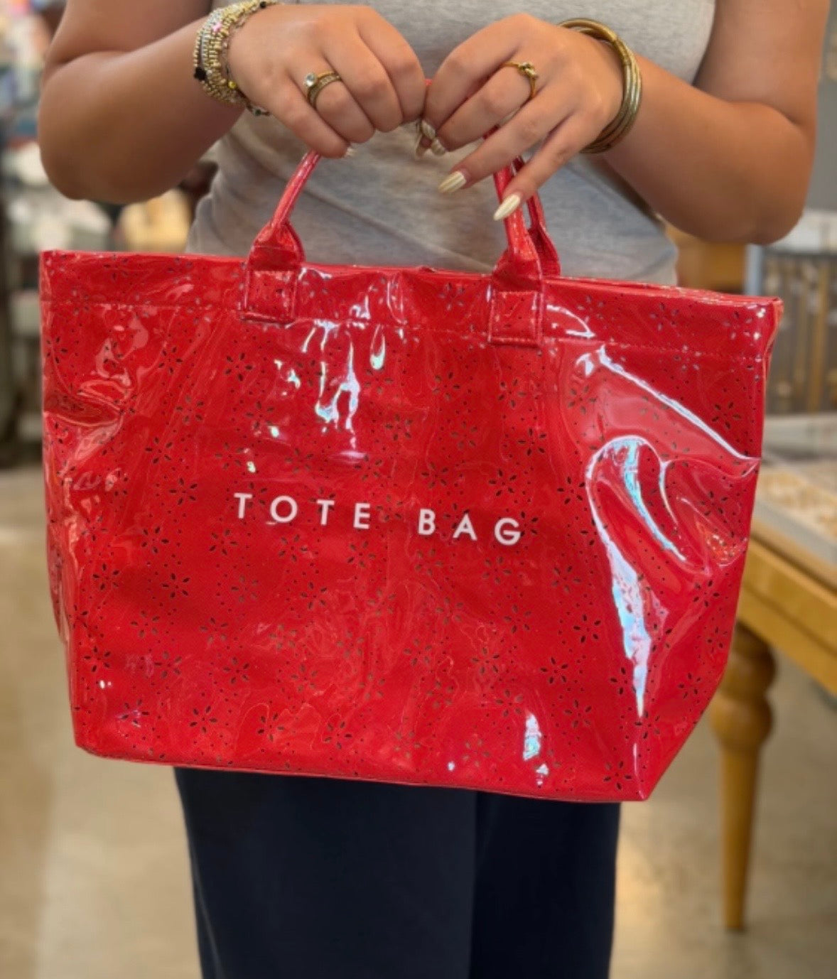 Red Eyelet Vinyl Tote Bag
