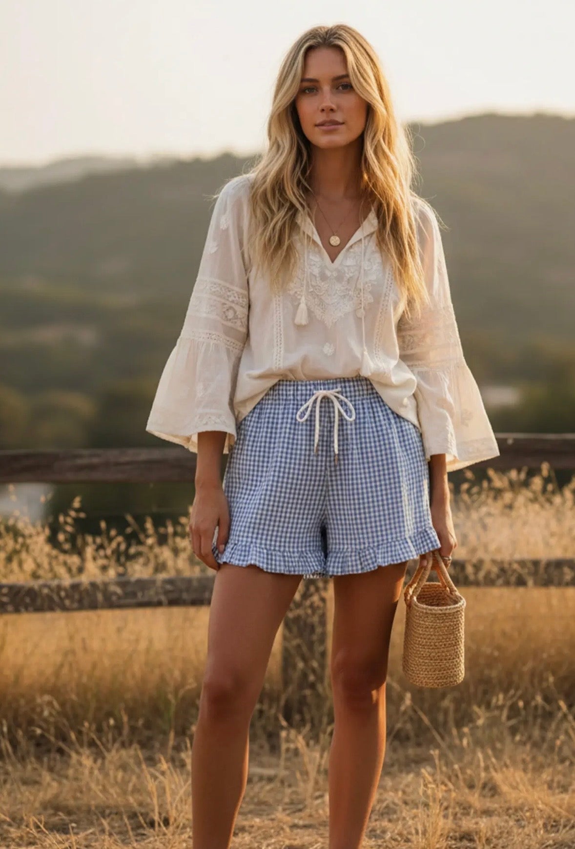 Coastal Picnic Checkered Woven Ruffle Hem Shorts