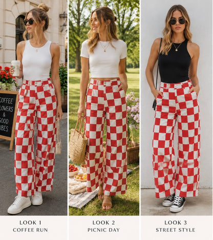 Gracie Checkered Print Barrel Denim Pants