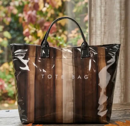Brown Striped Vinyl Tote Bag