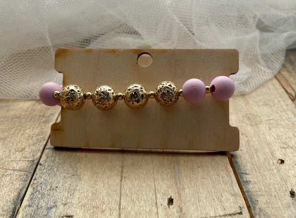 lilac metal & wood bead stretch bracelet