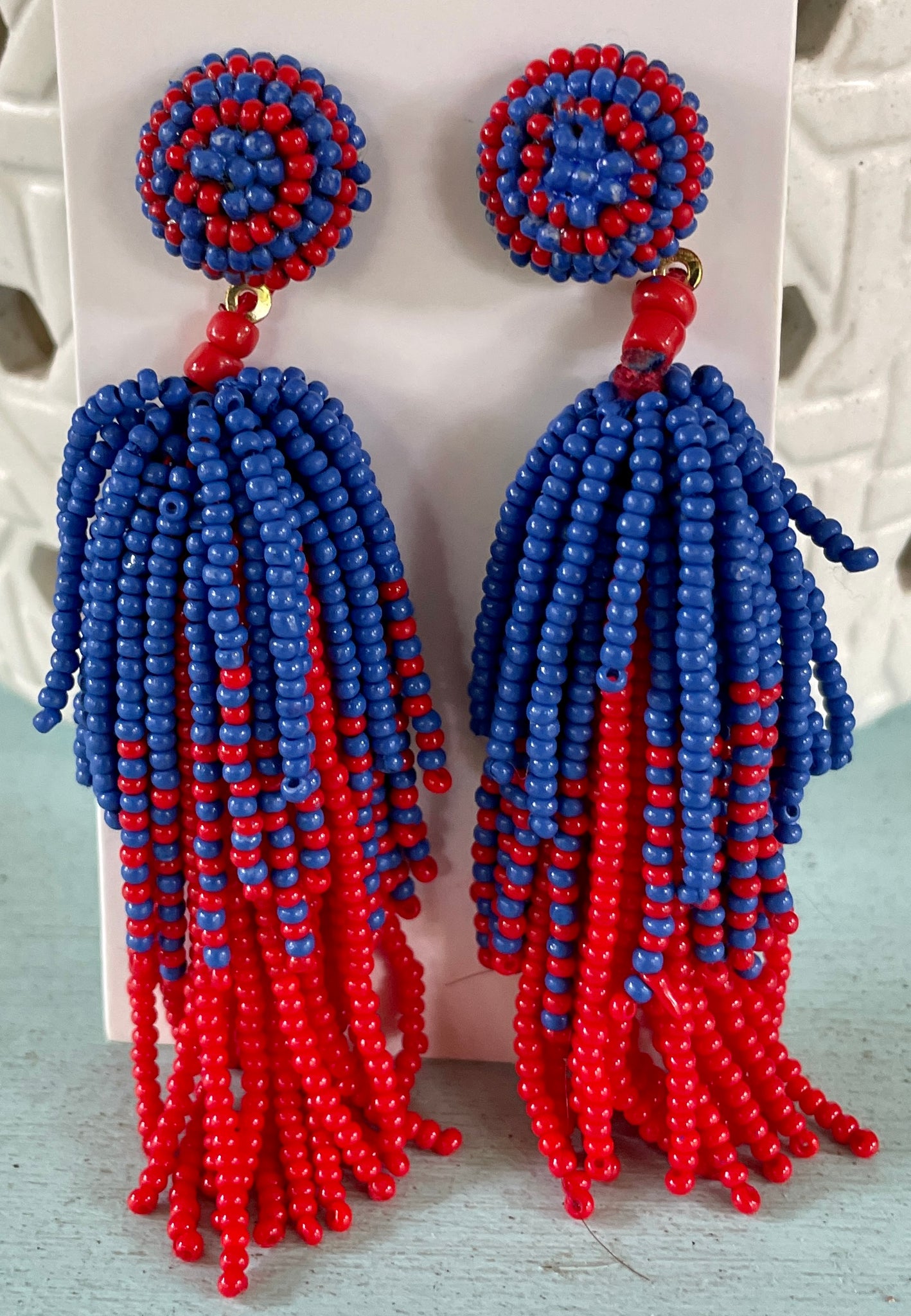 Blue & Red Beaded Tassel Earrings