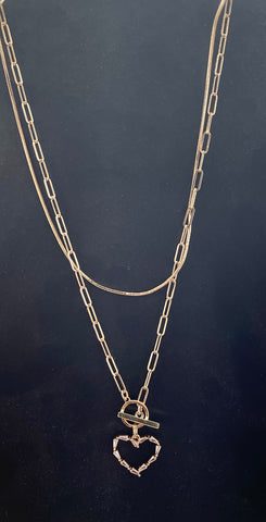 Gold Link Layered Necklace with Rhinestone Heart