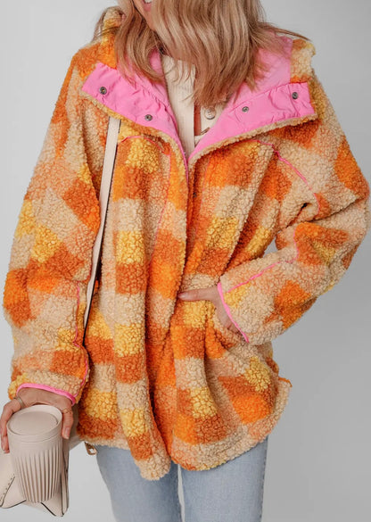 Sunset Sweetheart Sherpa Jacket/Women's Pink & Orange Plaid Sherpa Jacket | Cozy Fall Shacket