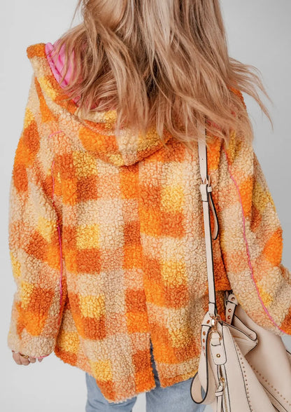 Sunset Sweetheart Sherpa Jacket/Women's Pink & Orange Plaid Sherpa Jacket | Cozy Fall Shacket