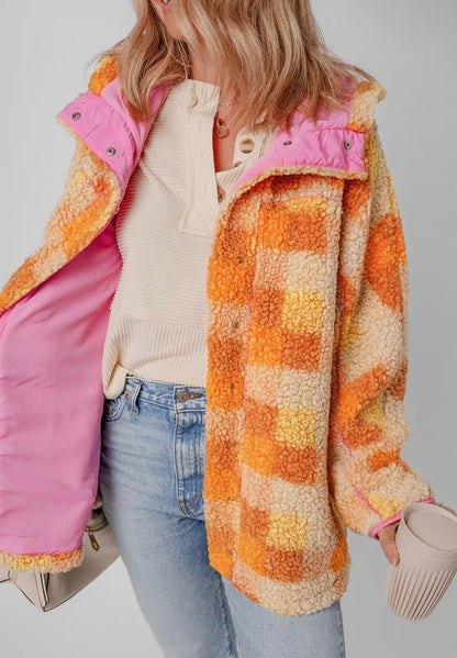 Sunset Sweetheart Sherpa Jacket/Women's Pink & Orange Plaid Sherpa Jacket | Cozy Fall Shacket