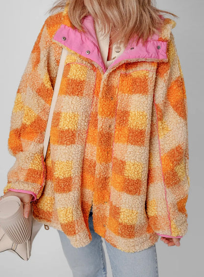 Sunset Sweetheart Sherpa Jacket/Women's Pink & Orange Plaid Sherpa Jacket | Cozy Fall Shacket