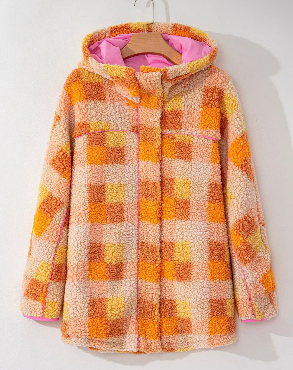 Sunset Sweetheart Sherpa Jacket/Women's Pink & Orange Plaid Sherpa Jacket | Cozy Fall Shacket