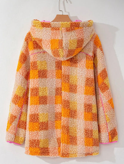 Sunset Sweetheart Sherpa Jacket/Women's Pink & Orange Plaid Sherpa Jacket | Cozy Fall Shacket