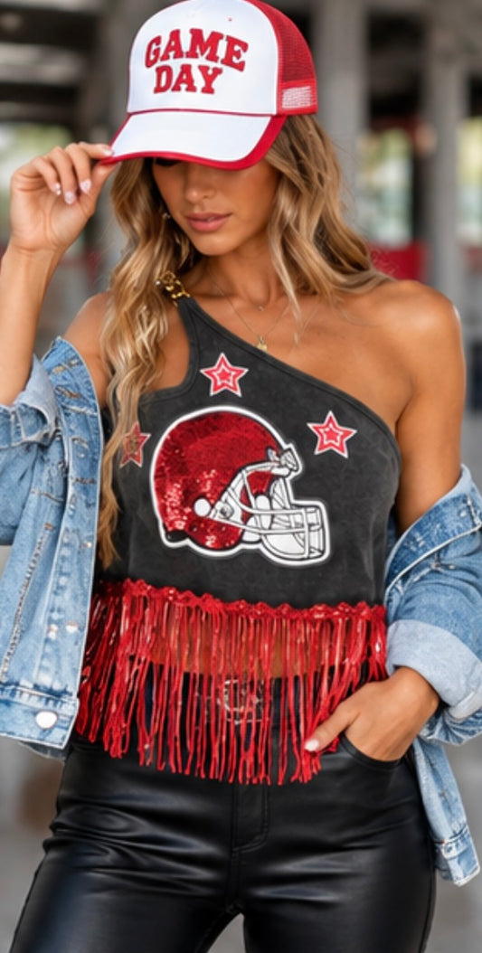Game Day Glitz One Shoulder Chain Strap Football Top