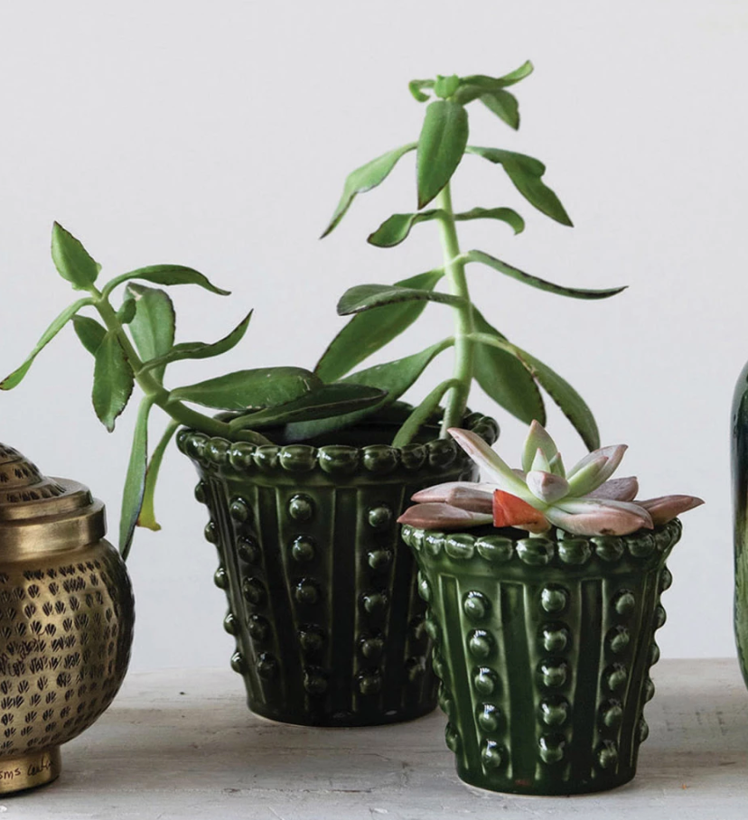 Green Stoneware Hobnail Planter