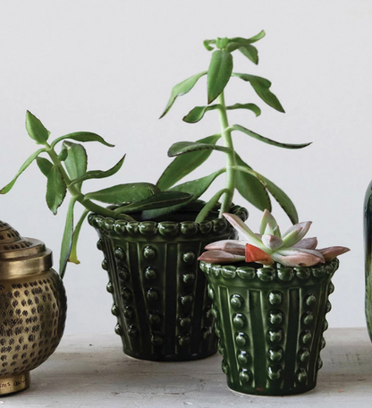 Green Stoneware Hobnail Planter