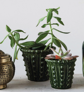 Green Stoneware Hobnail Planter