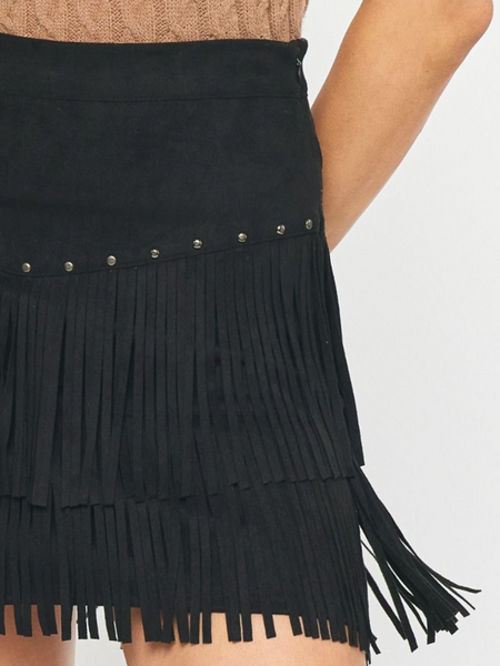 black fringe mini skirt