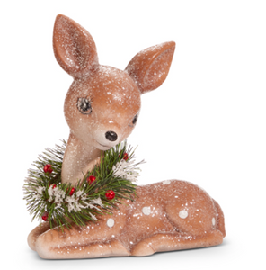 Retro Sitting Deer with Wreath