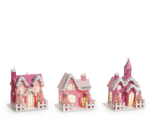 Pink Lighted Village House Ornament