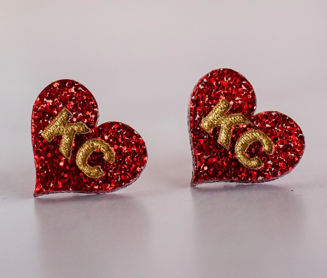 Hand Painted Red Glitter KC Heart Studs