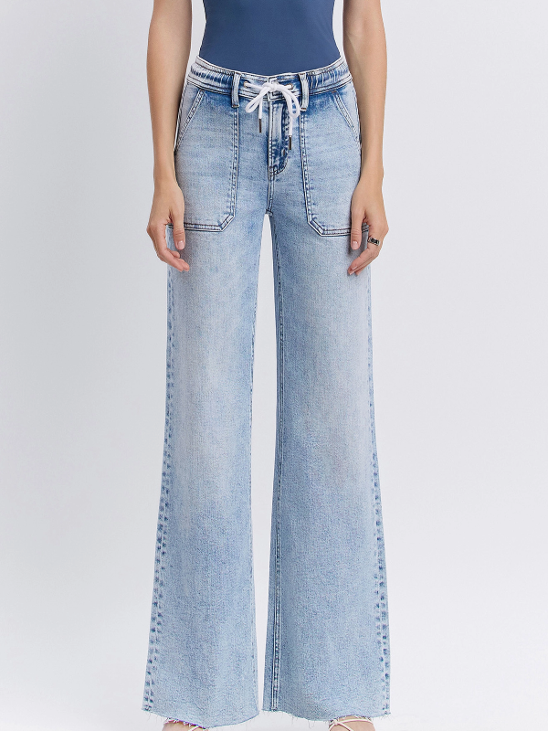 Clearly High Rise Drawstring Waist Wide Leg Jeans