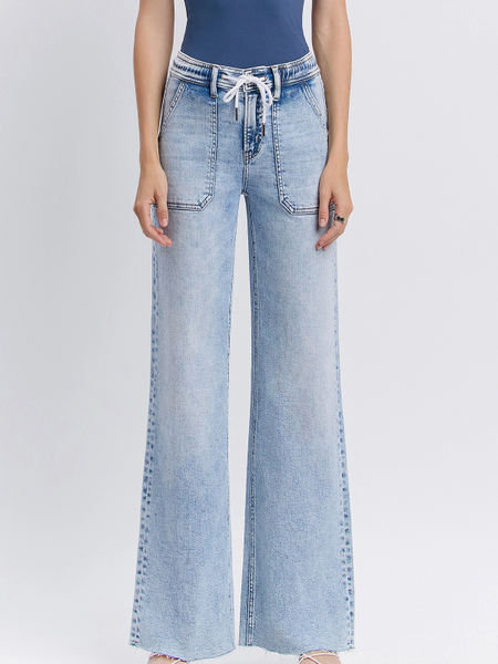 Clearly High Rise Drawstring Waist Wide Leg Jeans